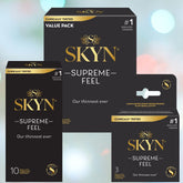 Boxes of LifeStyles SKYN Supreme Ultra-Thin Non-Latex Condoms are labeled as the clinically tested non-latex option with the tagline "Our thinnest ever." The image showcases various box sizes, ranging from value packs to smaller quantities.